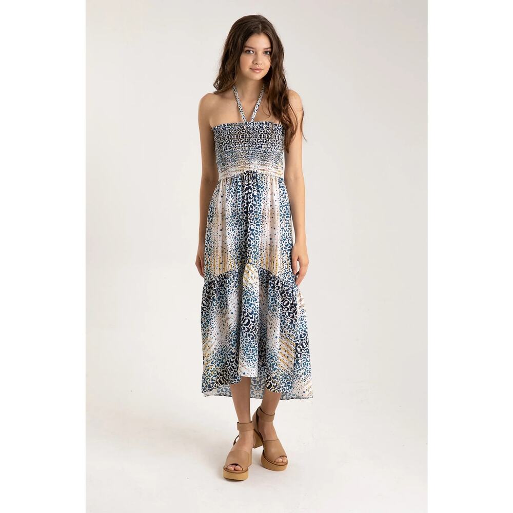 Hale Bob Elbise Strapless Halter Smocked Leopard Animal Print Midi Dress Size XS
